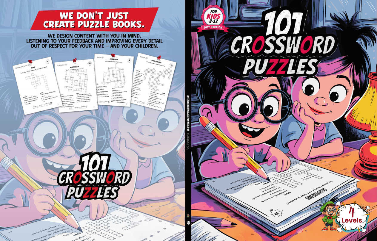 Front cover of the 2025 Edition of 101 Crossword Puzzles for Kids 8-12
